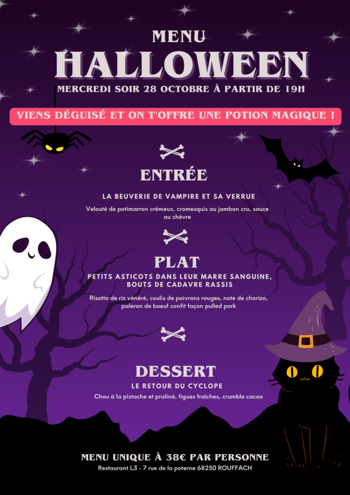 Document A4 Menu Restaurant Halloween Organique Violet Noir et Blanc